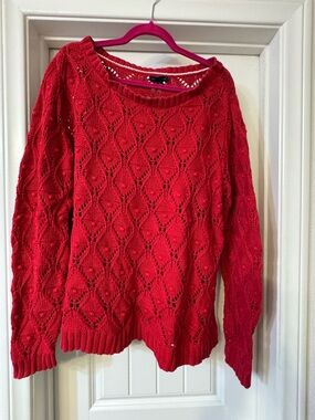 Tommy Hilfiger Red Open-Knit Crewneck Sweater